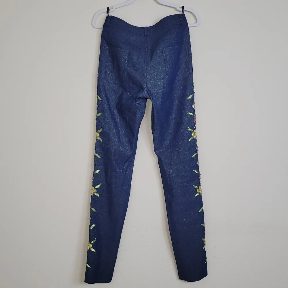 2002 Christian Dior VTG Blue Metallic Denim Pants w/Floral Embellishments - sz 8 - Picture 3 of 14